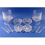 Two large Victorian glass moulded goblets and two pairs of glass salts plus six glass swizzle sticks