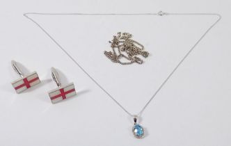 A silver and topaz pendant, a silver chain, fine white gold chain and pair of England flag cufflinks