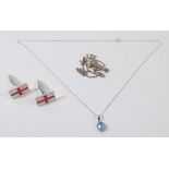 A silver and topaz pendant, a silver chain, fine white gold chain and pair of England flag cufflinks