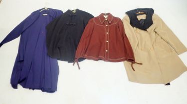 A group of vintage ladies clothes including silk coat by Silkana, black cape by Kati at Laura