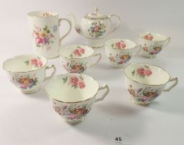 A set of six Coalport June Time tea cups, a Derby Posies tankard and a Foley Ming Rose teapot