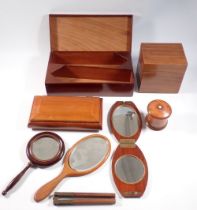 A group of treen including wooden tea caddy, tie box plus three wooden mirrors, nutcrackers etc.