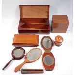 A group of treen including wooden tea caddy, tie box plus three wooden mirrors, nutcrackers etc.