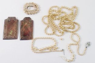 A mother of pearl buckle inlaid yellow and white metal plus various pearl necklaces - a/f