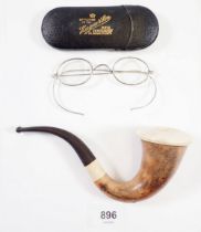 A meerschaum pipe and pair of Victorian white metal spectacles, cased