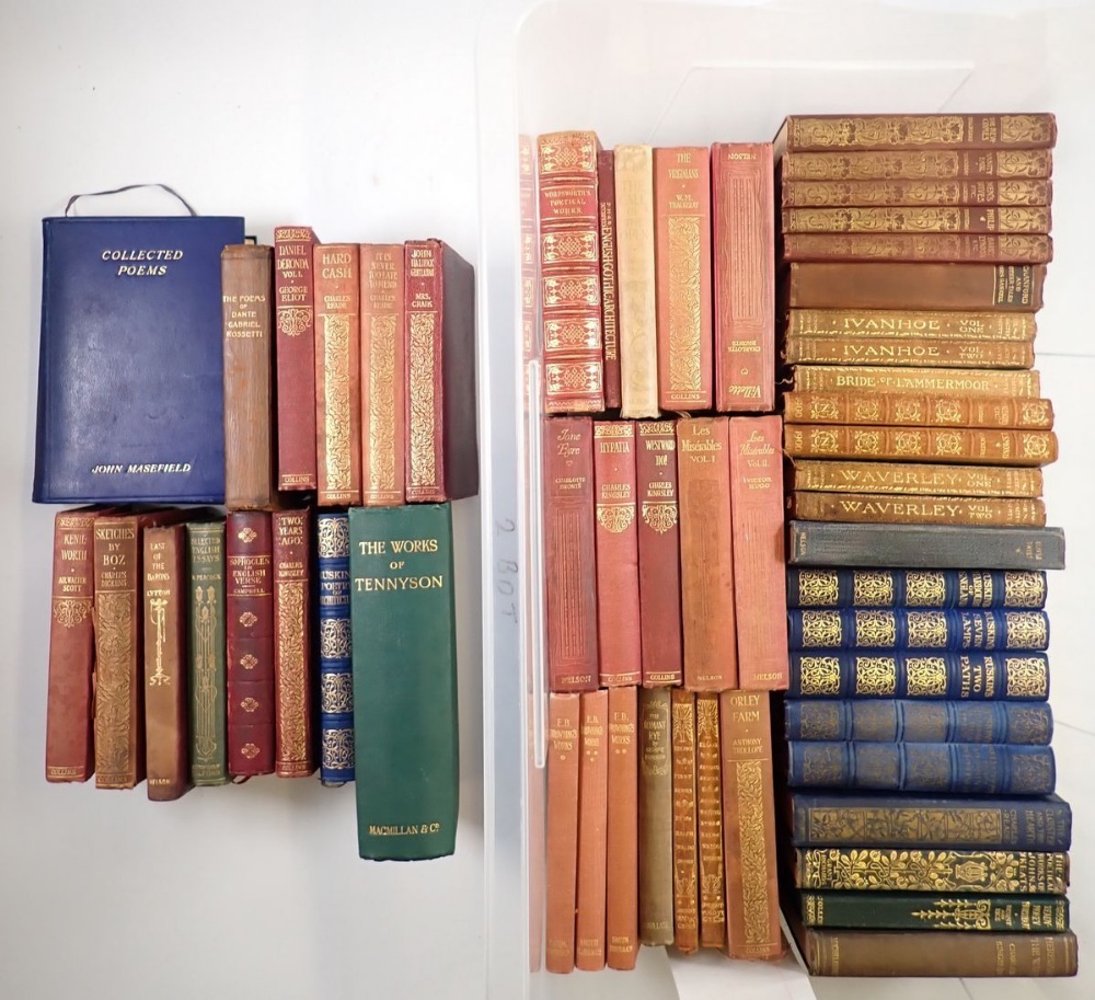 A box of literary books including some leather bindings and works by Ruskin, Thackeray etc.