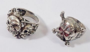 Two large white metal skull form men's rings, 41g