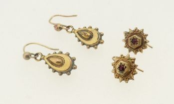 A pair of Victorian yellow metal pendant earrings and a 9 carat gold pair of earrings set red