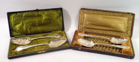 A pair of Victorian silver plated serving spoons in Aesthetic style and another similar pair