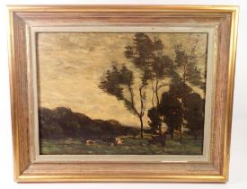 Arthur Douglas Peppercorn - oil on board dusk landscape with trees and cows, 30 x 40cm