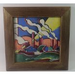 An oil on board cubist style factory scene monogrammed C P 15, 25 x 25cm