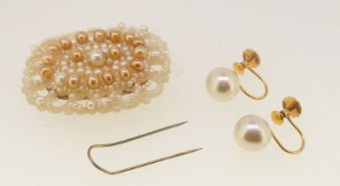 An antique pearl and yellow metal brooch or pendant and a pair of 9 carat gold pearl earrings