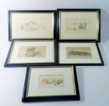 A set of five prints of dogs by Lucy Dawson, smallest 6.5 x 12cm