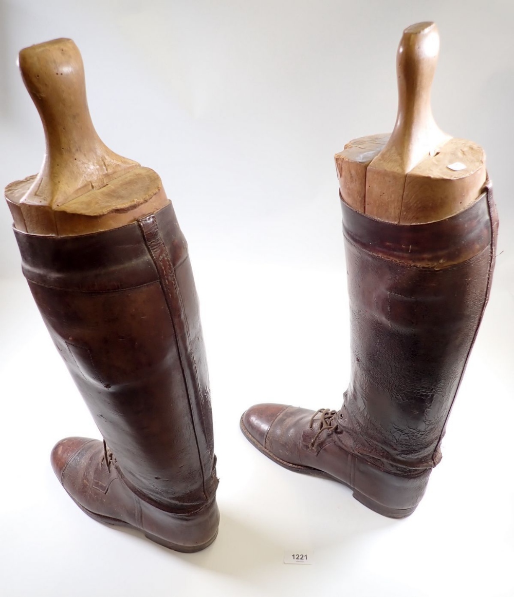A pair of 1930's mens military brown leather field boots with wooden boot trees, approx size 10 - Image 2 of 4