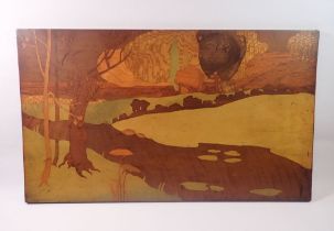 An Art Nouveau marquetry landscape picture, 36 x 61cm