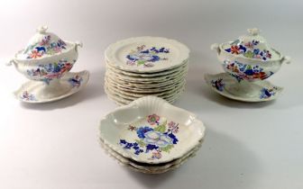 A Victorian floral printed dessert service comprising fourteen plates, two small tureens with