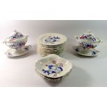 A Victorian floral printed dessert service comprising fourteen plates, two small tureens with