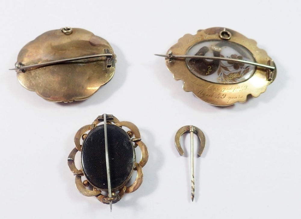 Two Victorian gold and enamel mourning brooches with hair lockets, one dated 1849 5 x 4cm and - Image 2 of 2