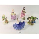 Two Royal Adderley bird groups, a Doulton figure of a woman and two Coalport figures of women ,