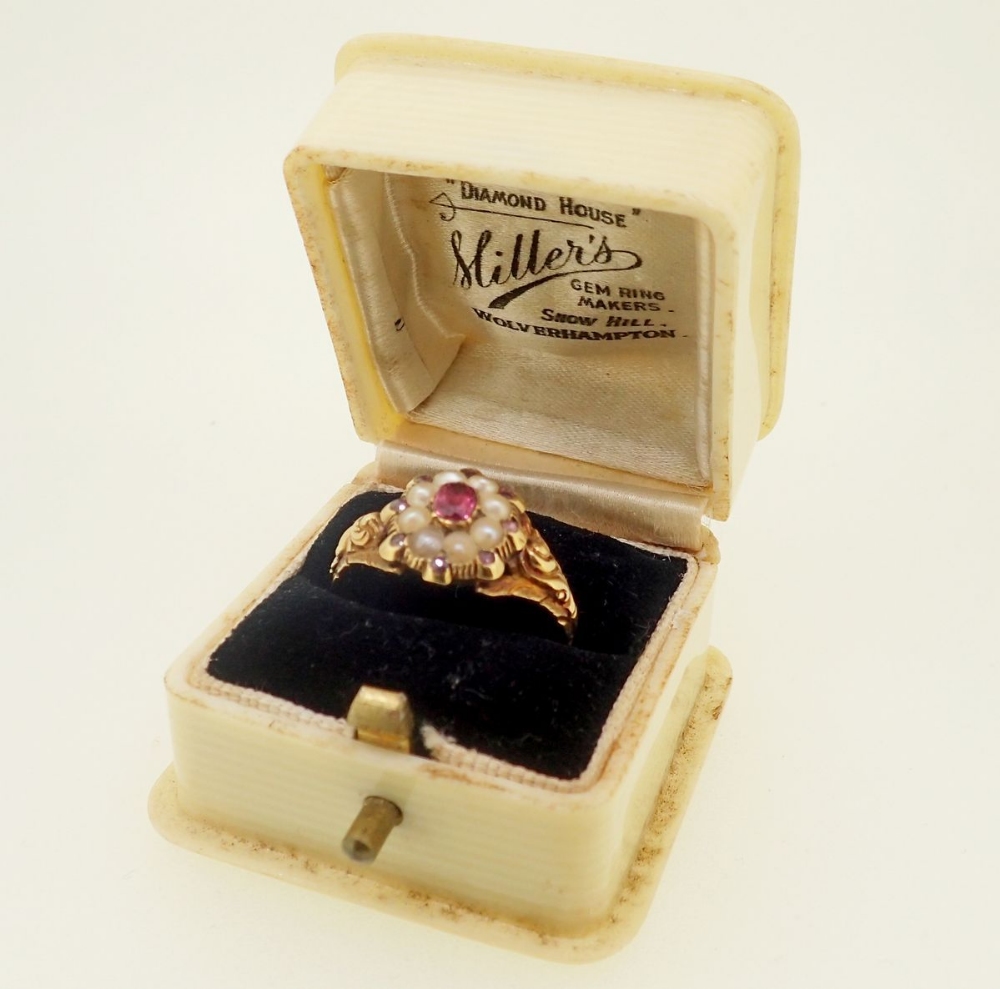 A Victorian gold cluster ring set ruby, amethysts and seed pearls, 2.4gm size N, unmarked but tested - Image 5 of 5