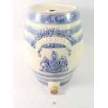 A Victorian pottery blue and white 'Sherry' barrel by Murray & Co, Glasgow with Royal Crest, 30cm