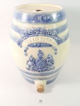A Victorian pottery blue and white 'Sherry' barrel by Murray & Co, Glasgow with Royal Crest, 30cm
