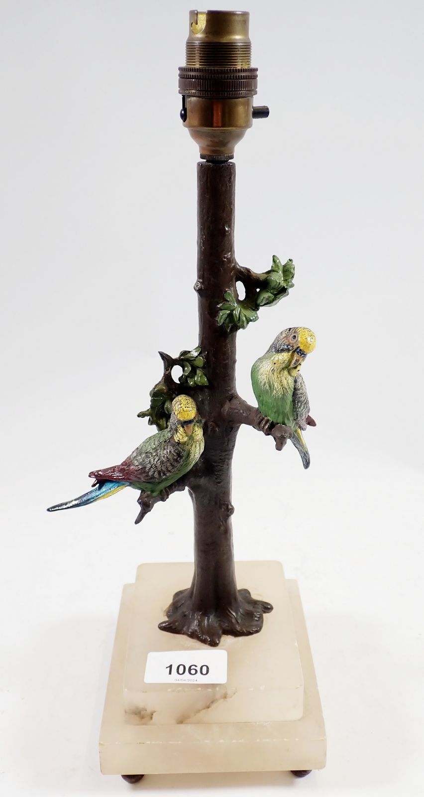 A 19th century cold painted spelter table lamp in the form of budgerigars on a tree trunk, on - Image 2 of 3