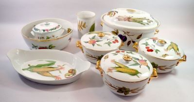 A box of various Royal Worcester Evesham serving dishes, tureens, Worcester herbs lidded bowl etc.