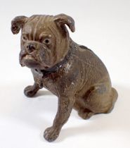 A Victorian painted spelter novelty bull dog money box, head hinge a/f, 10cm