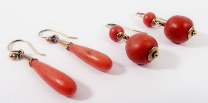 Two pairs of antique yellow metal and coral earrings