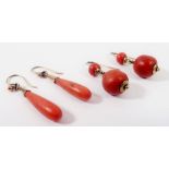 Two pairs of antique yellow metal and coral earrings