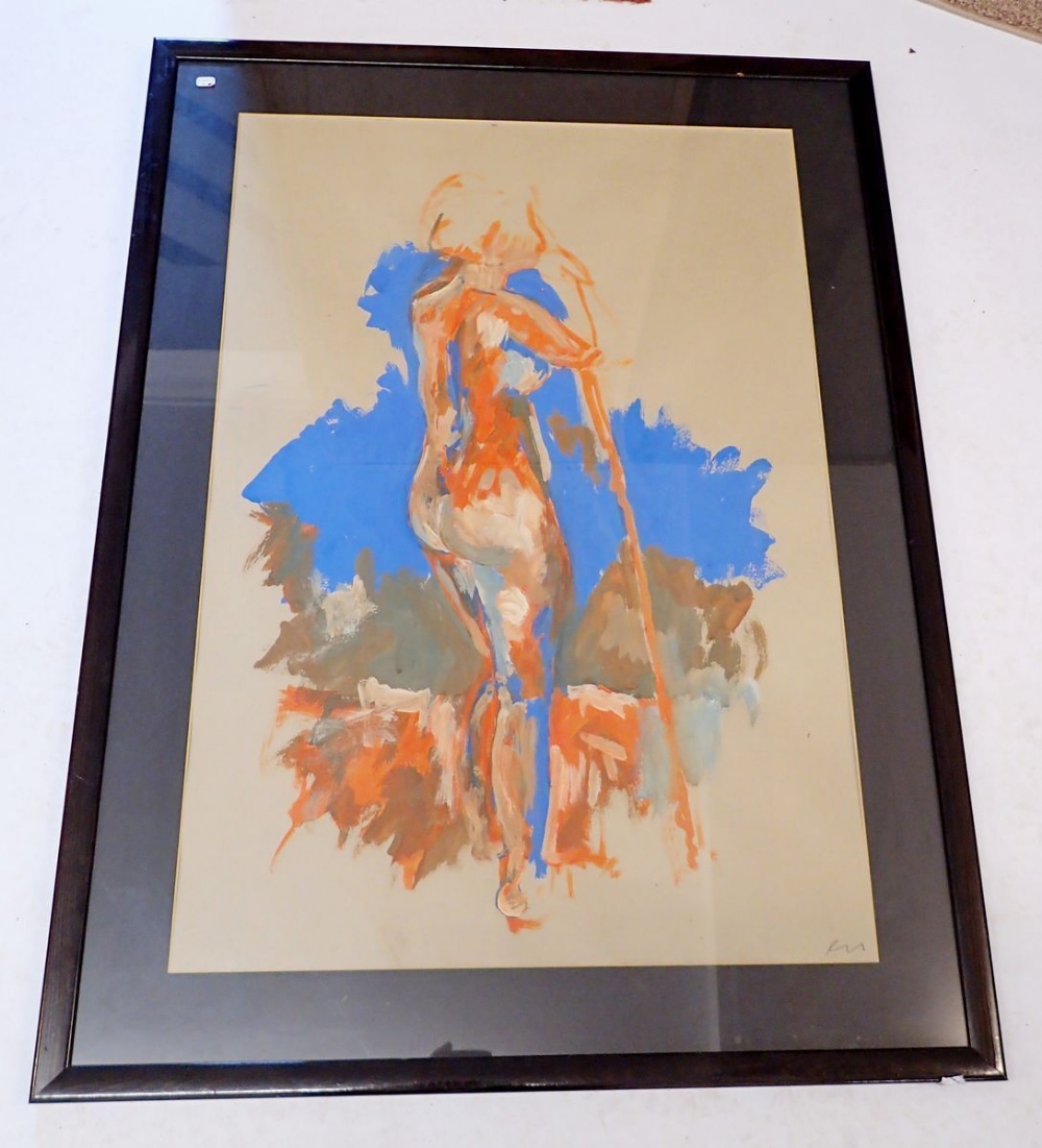 A watercolour nude in blue and orange, 74 x 50cm