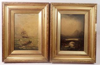 Two oil on panel pictures - marine scene and lakeland scene, signed indistinctly, 22 x 15cm