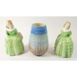 A Shelley Harmony blue vase, 15cm and a pair of vintage crinoline lady bookends