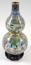 A Japanese enamel double gourd form cloisonné enamel vase decorated cranes and flowers, 16cm tall