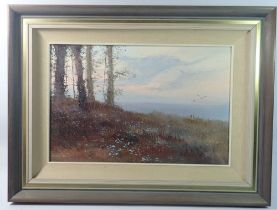 Pamela Derry - oil on board landscape 'Shadow & Mystery', 29 x43cm