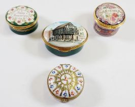 Three porcelain and gilt metal boxes plus an enamel one of Ledbury Market House