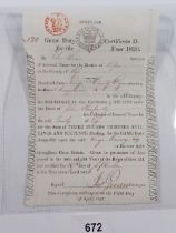 A Scottish George IV game certificate dated 1826, to George Haney Esq of Kingsmuir, £3, 13s & 6d,