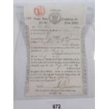 A Scottish George IV game certificate dated 1826, to George Haney Esq of Kingsmuir, £3, 13s & 6d,