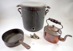 A Victorian copper cooking urn and cover (tap a/f), a copper kettle and a saucepan