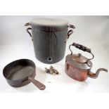 A Victorian copper cooking urn and cover (tap a/f), a copper kettle and a saucepan