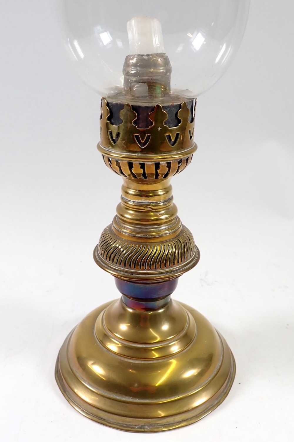 A Victorian brass candle lamp with glass shade, 38cm - Image 2 of 2