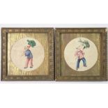 A pair of 19th century Cantonese miniatures of theatrical figures on rice paper, 9cm diameter