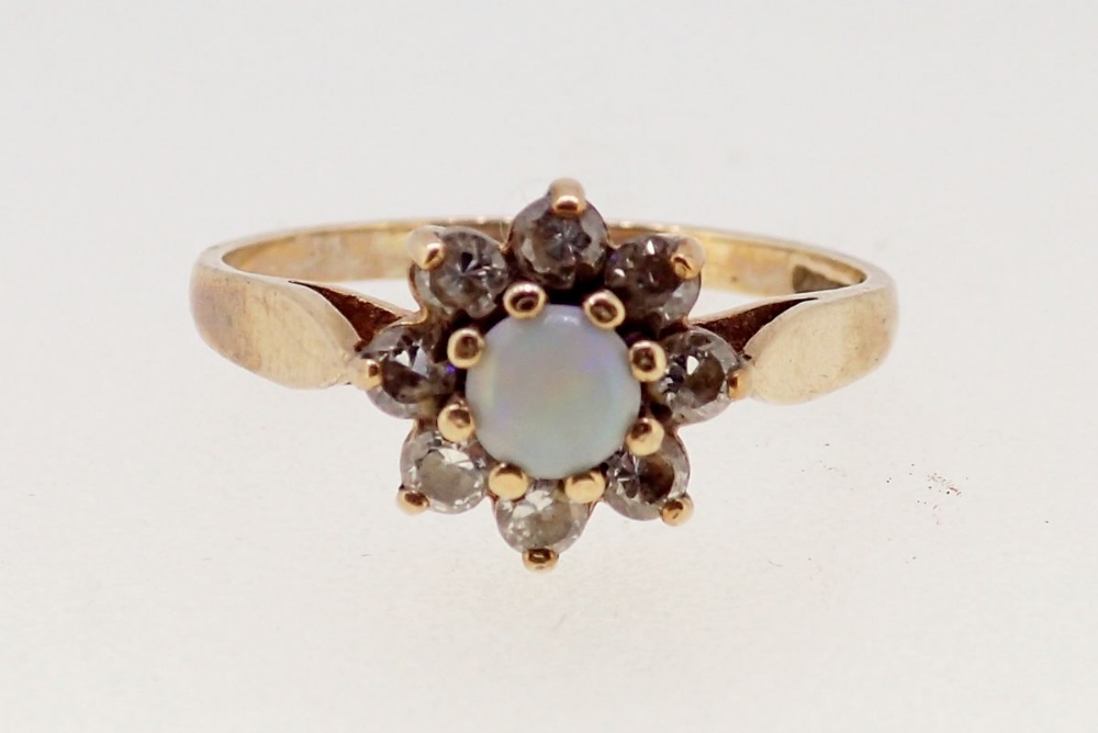 A 9 carat gold opal and white stone cluster ring size P to Q, 2.2g