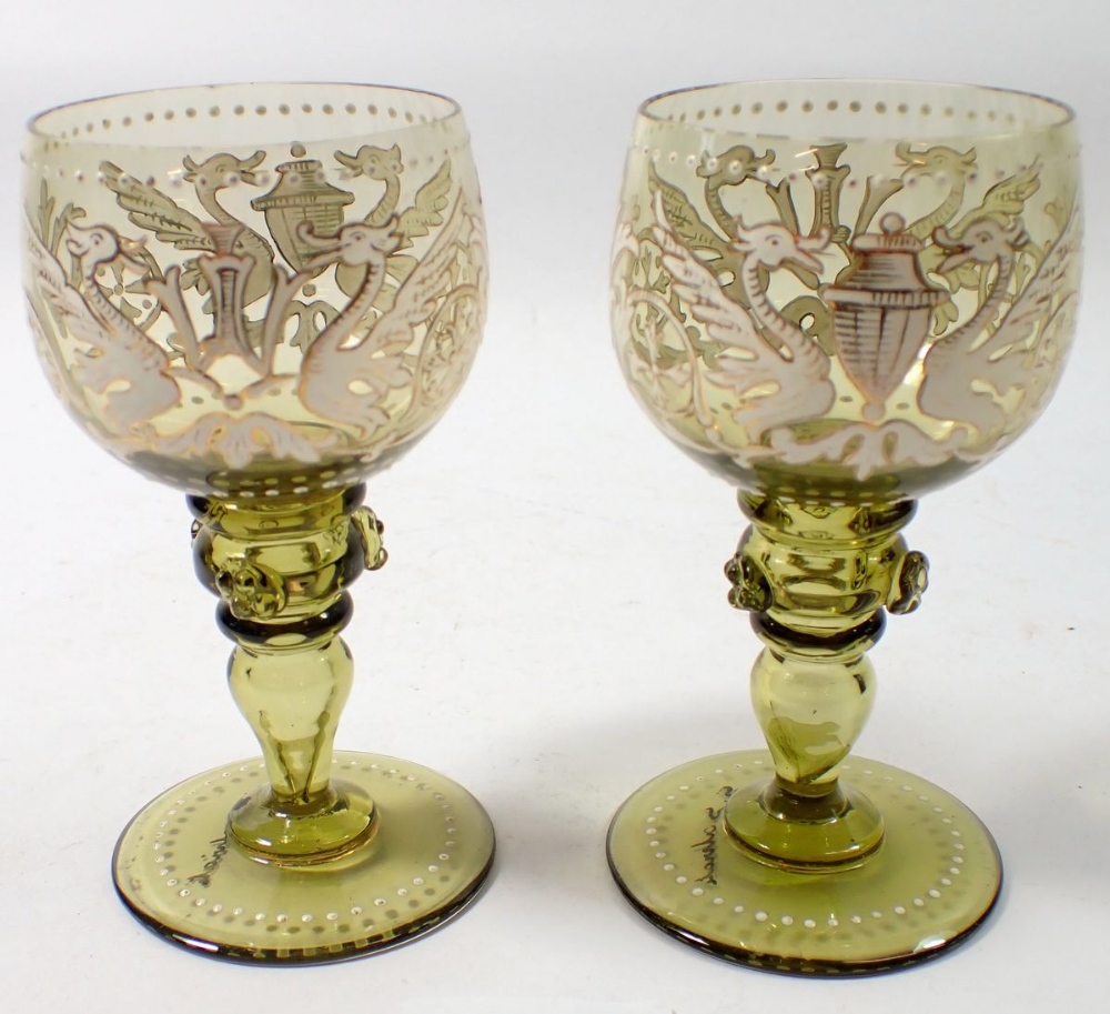 A pair of 19th century Salviati wine glasses with enamelled dragon decoration - signed, 12cm tall