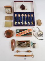 Various collectables including Smiths travel clock, hair pins, compacts, Rolls Razor, Volt meter