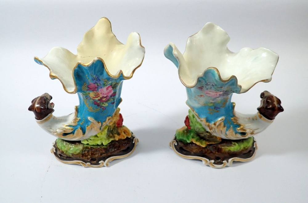 A pair of 19th century cornucopia vases painted flowers plus a small blue and white onion pattern - Image 2 of 2