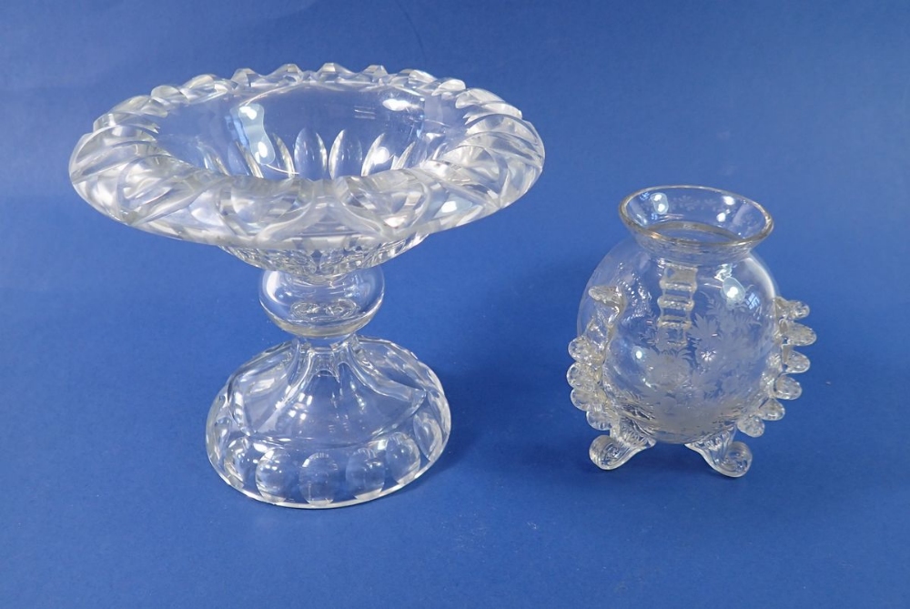 A 19th century facet cut small comport and a vase with floral wheel cut decoration and applied