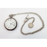 A silver pocket watch by Thomas Russell & Son Birmingham 1916 and a silver fob chain with coin,