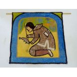 An Inuit vintage wool wall hanging depicting woman catching fish, 84cm square